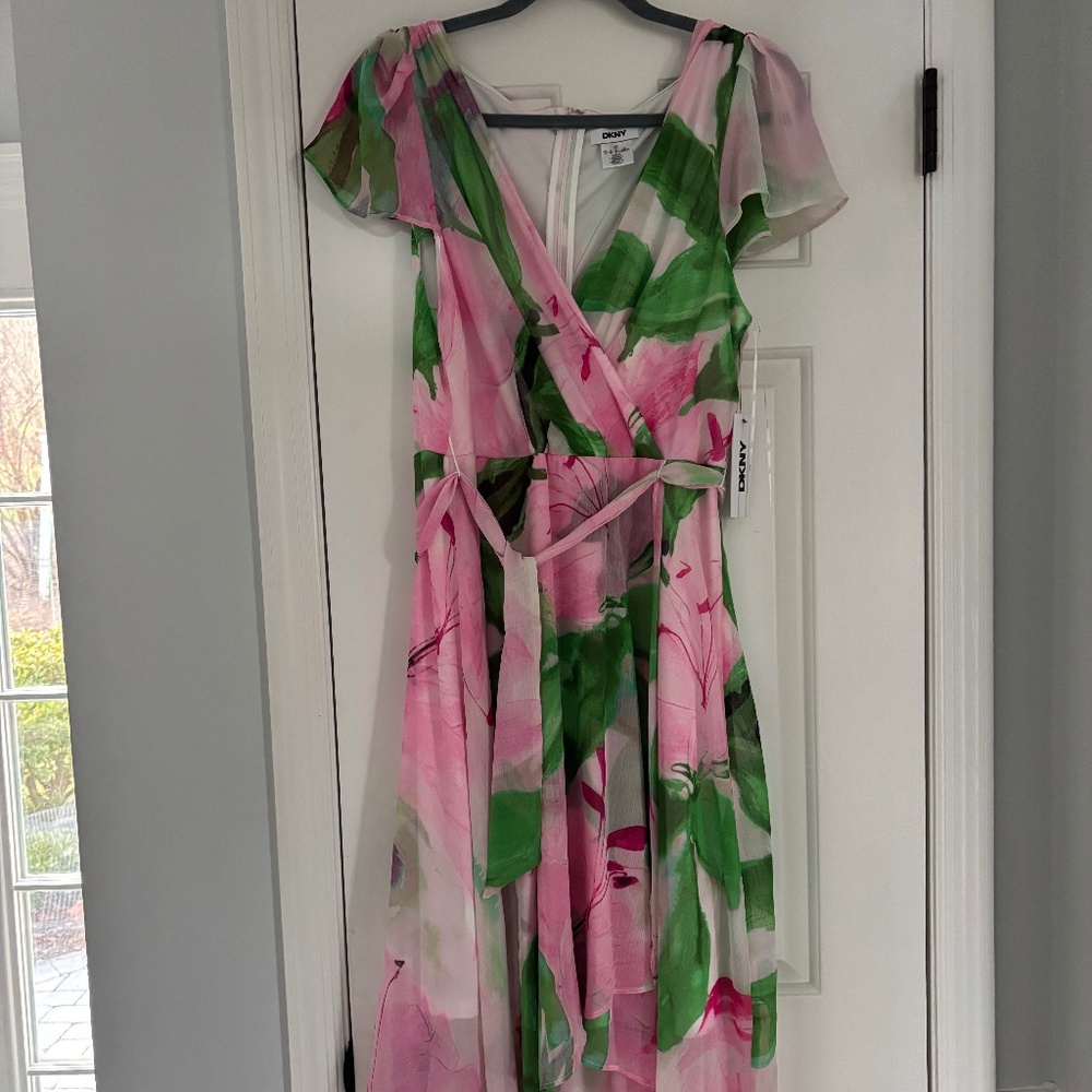 DKNY new dress pink and green hi low chiffon